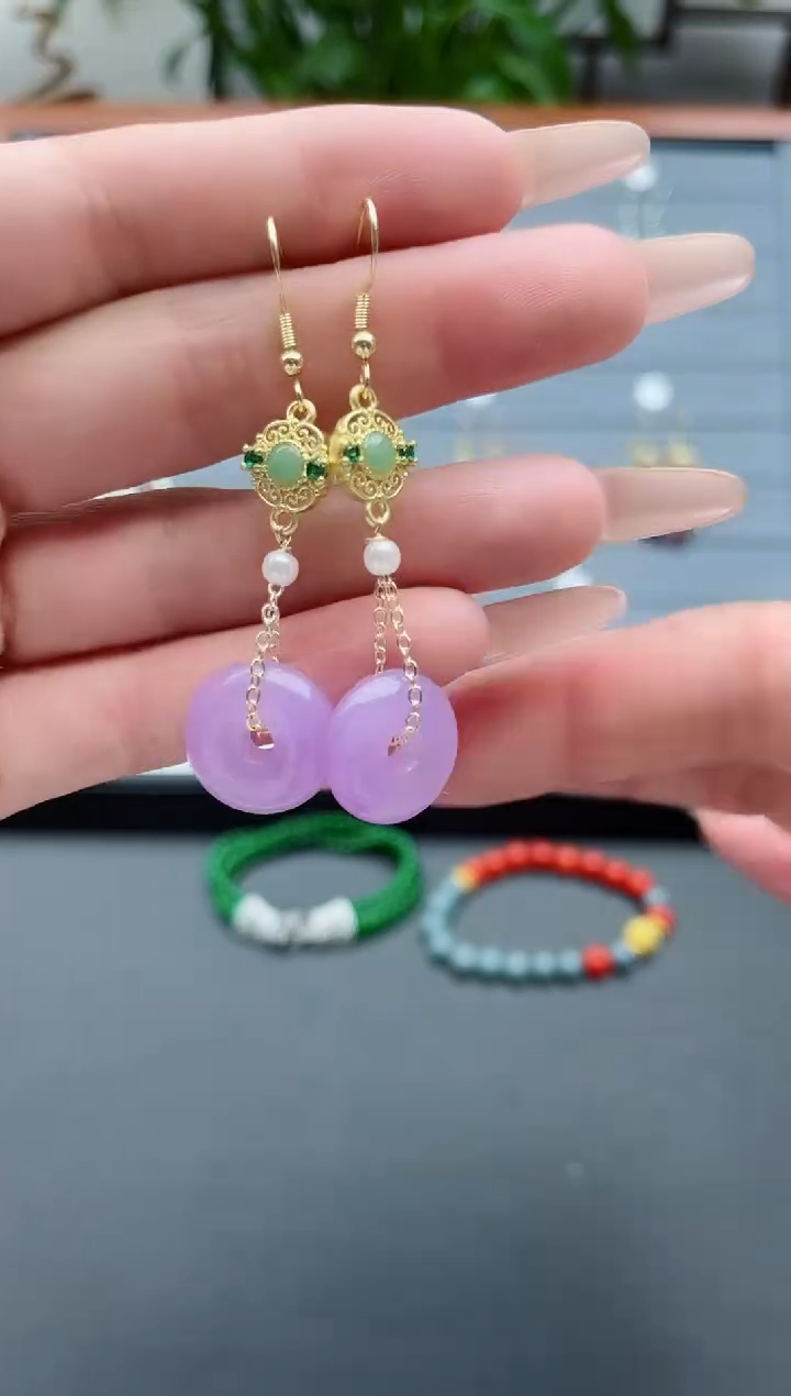 【闪购商品】石英质玉耳饰银S925镀金镶嵌0016紫平安扣