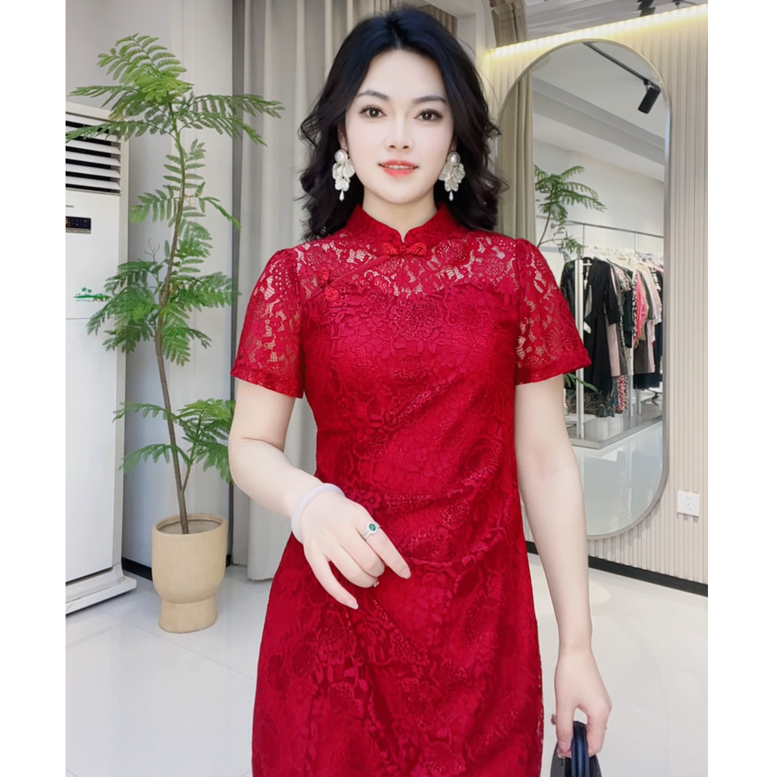 194旗袍法式新中式文艺风拼接中长裙A字裙婚礼短袖883