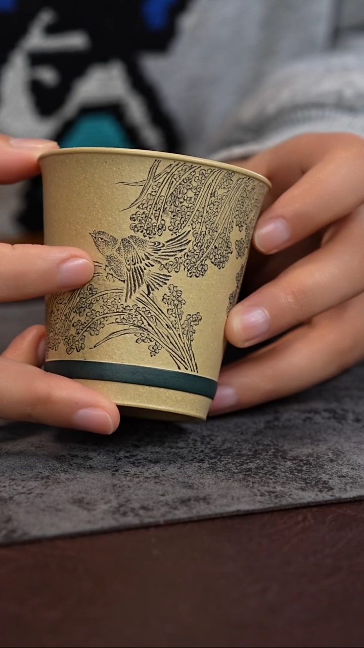 【闪购商品】紫砂茶杯本绿 麦穗麻雀刻绘 主人杯