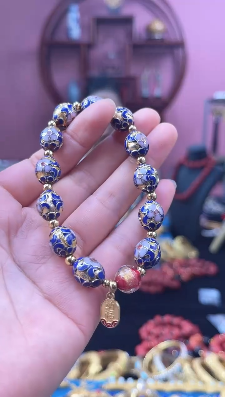 非遗 景泰蓝手串 金地 枣珠宝蓝