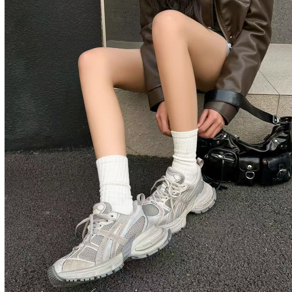 2025春季新款真皮欧货厚底网面老爹鞋女增高擦色高颜值休闲运动鞋