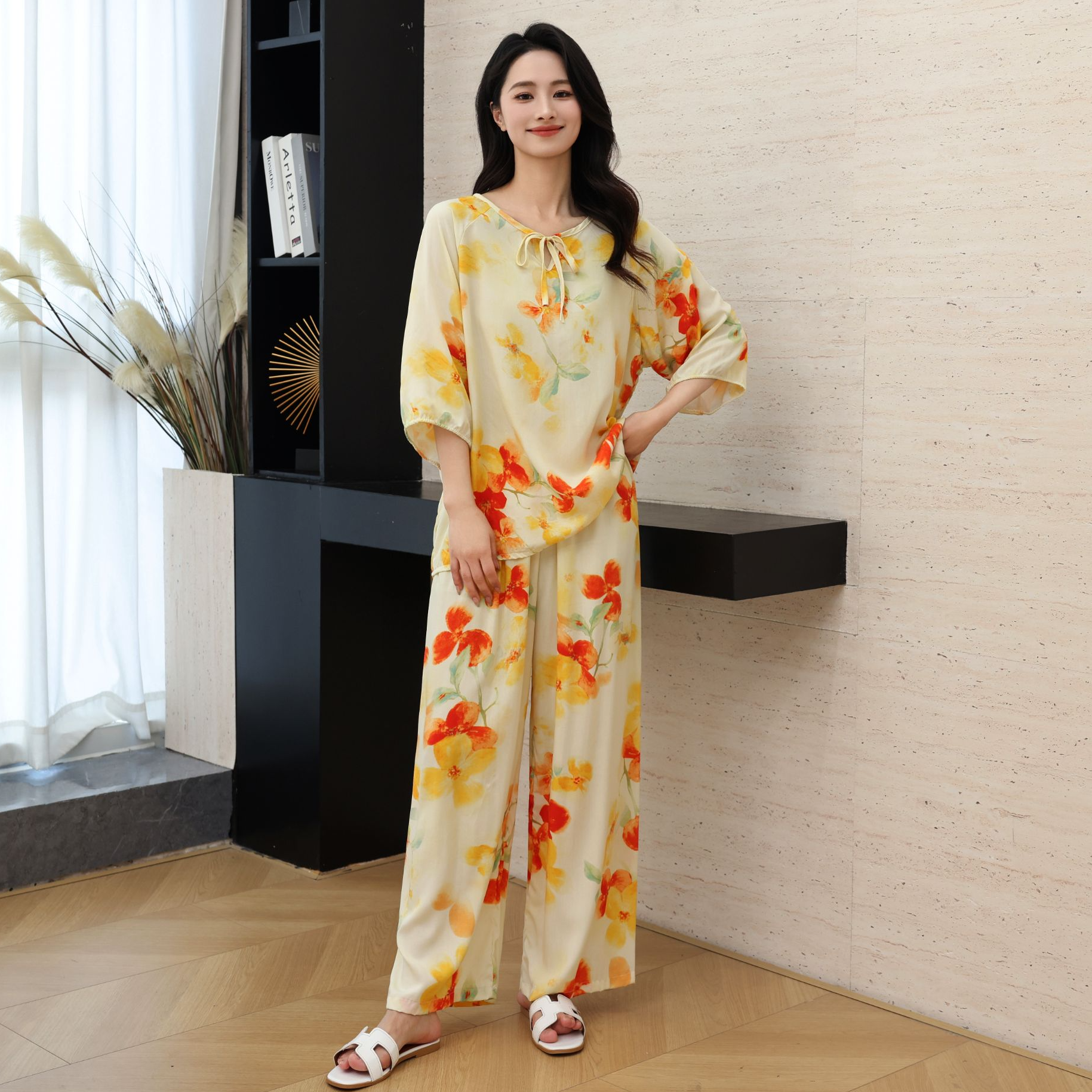 家居服套装睡衣女夏季七分袖长裤妈妈绵绸可外穿薄款宽松空调服