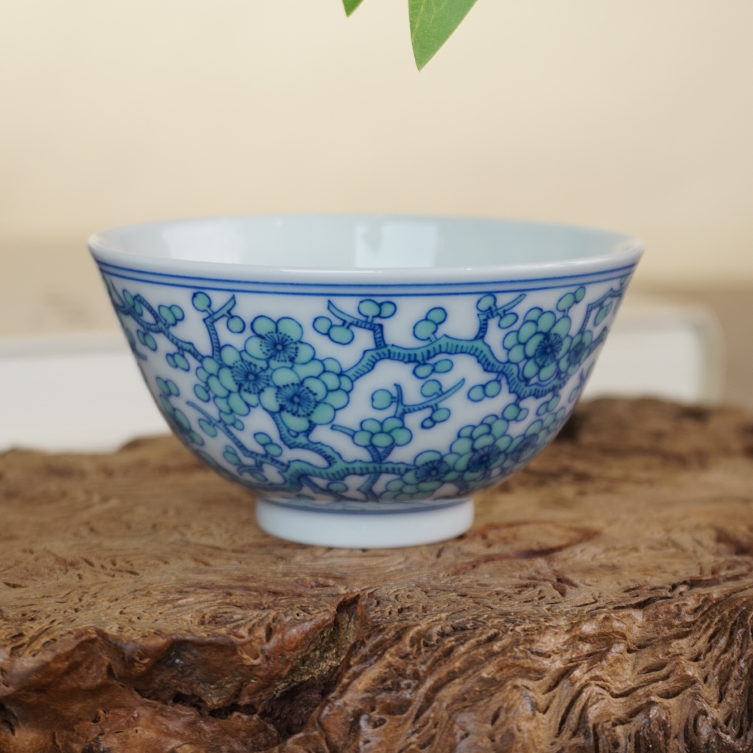 景德镇九石堂100ml手工手绘精工斗彩绿梅主人杯茶杯复古家用陶瓷