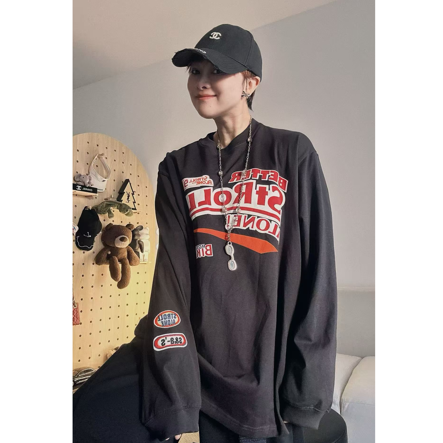 【影子】 字母圆领印花百搭潮流宽松复古长袖 T恤