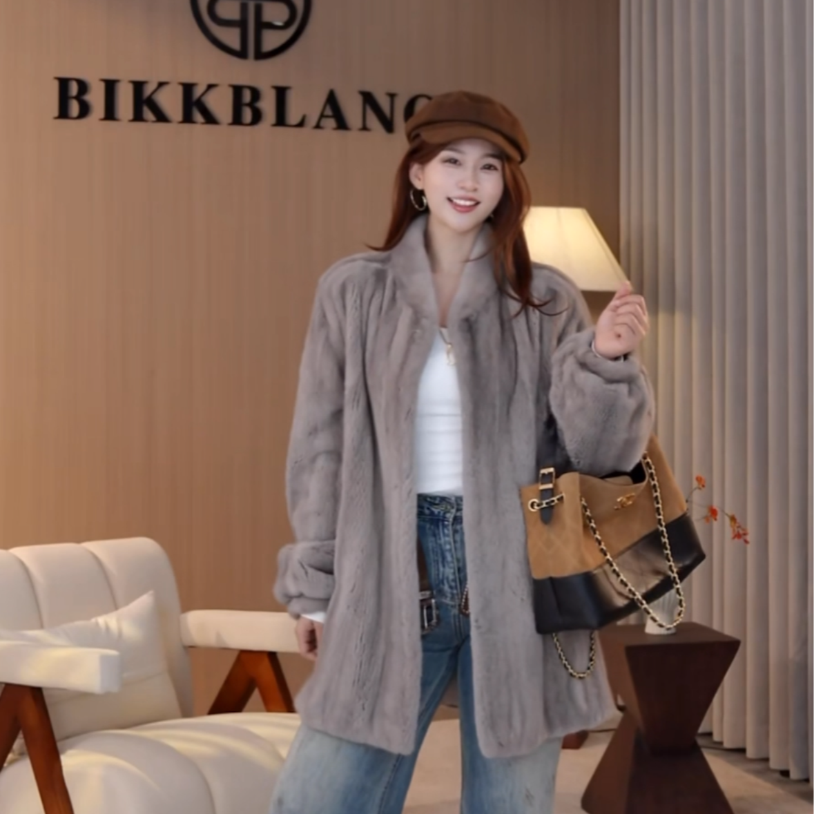 BIKKBLANC【山涧鹿鸣】进口水貂皮草时尚长水貂外套貂皮大衣6012牛