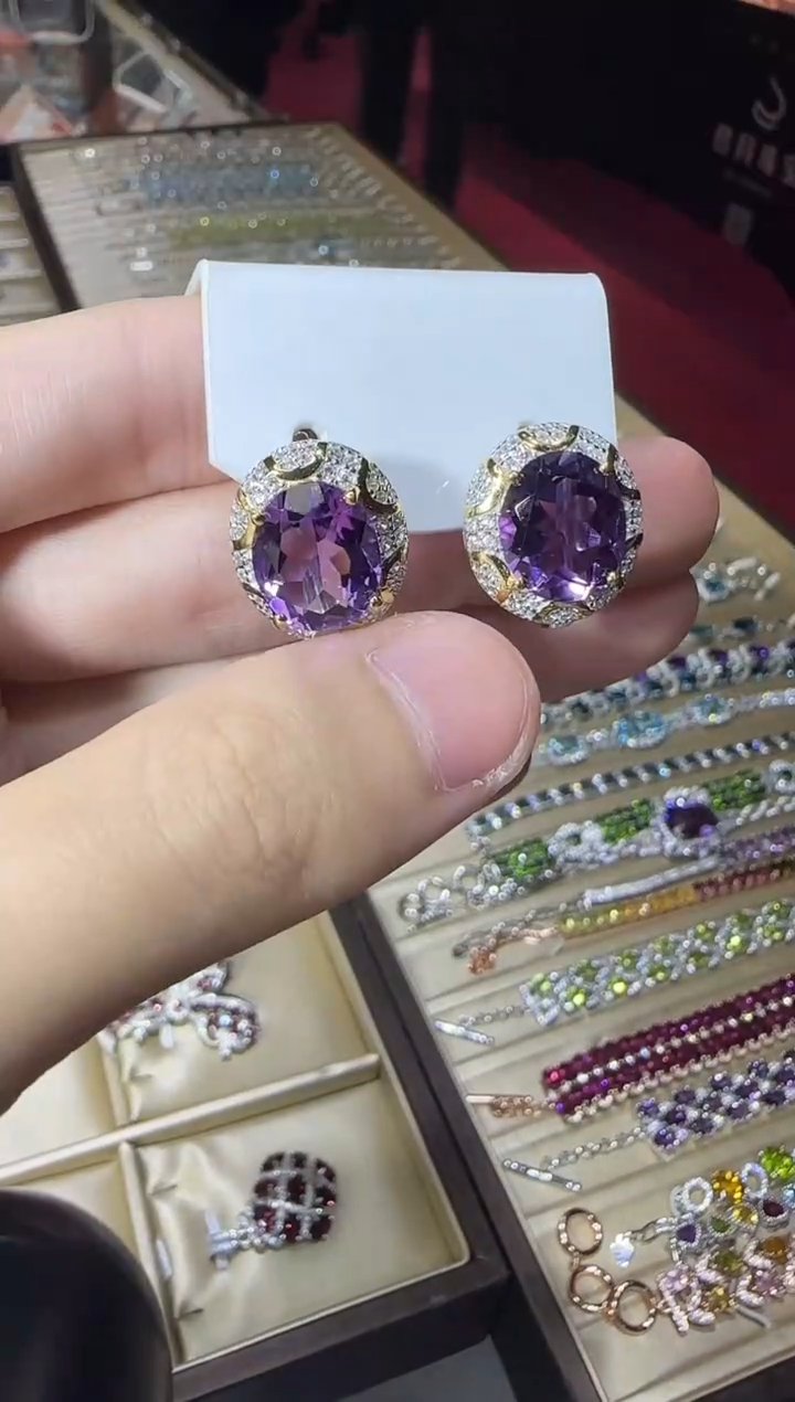 银S925镶嵌耳饰紫晶12*10mm耳扣款帝王紫