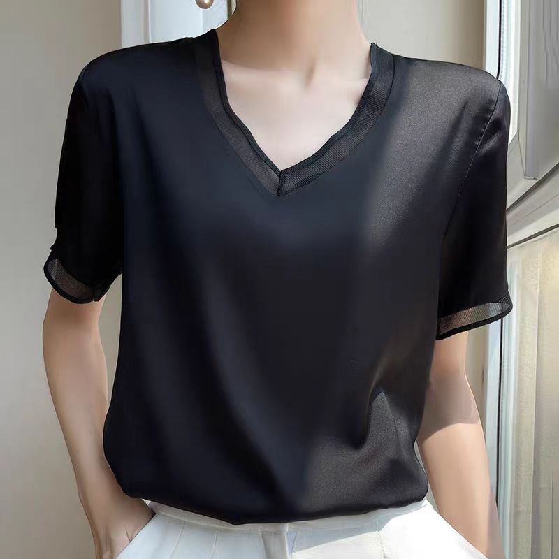 夏季V领T恤黑色宽松上衣A111