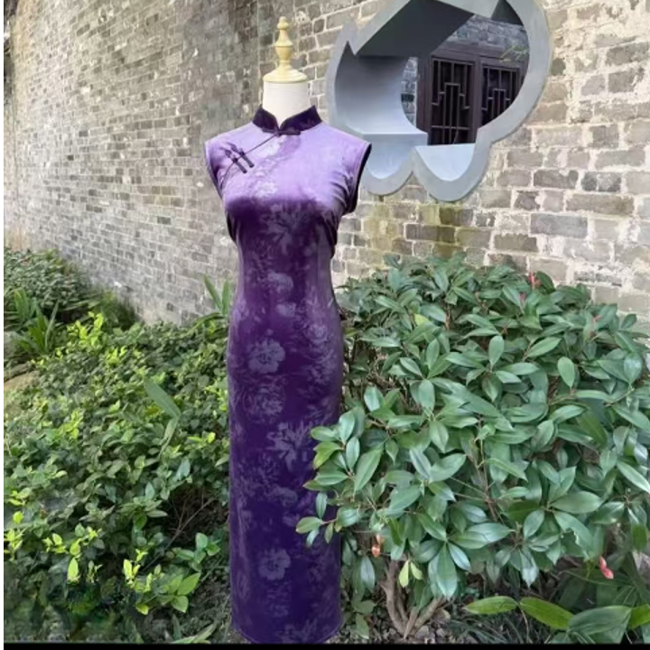 【 紫银绒】新款中国风修身复古优雅大方长款旗袍