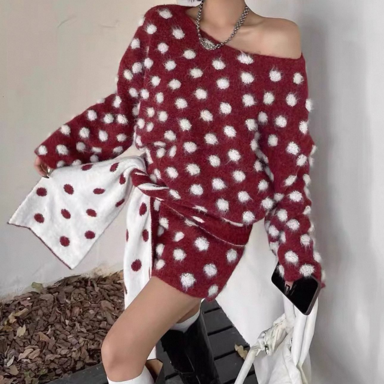 [DARUI]波点毛衣针织2025秋冬搭配围巾时尚气质高端两件套1180