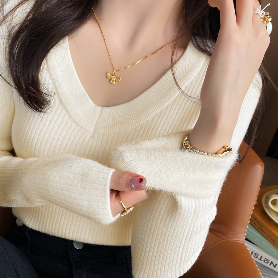 白色加绒加厚V领打底衫女2025秋冬季新款毛衣内搭高级感针织上衣