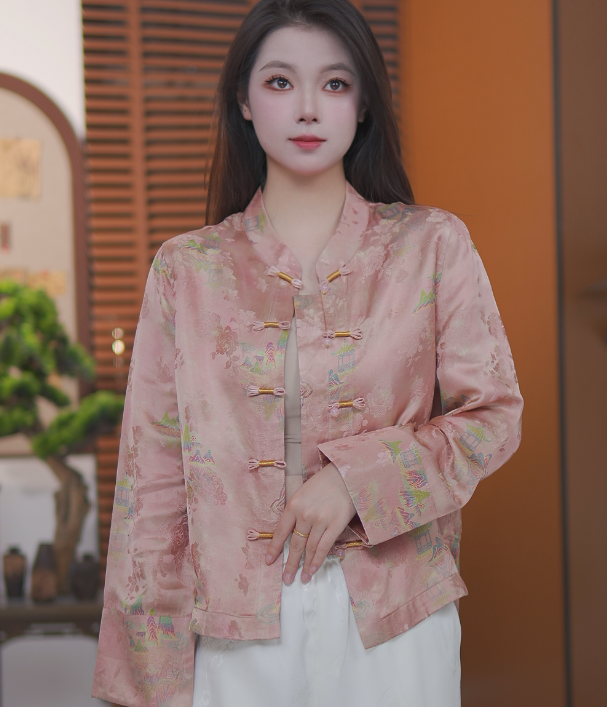 香云纱薄款常规款立领花纹桑蚕丝长袖上衣提花短款中国风
