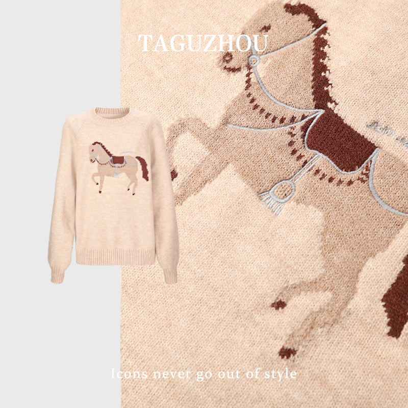 粥粥# 简奢主义~25秋冬新款复古幸运小马提花刺绣保暖毛衣