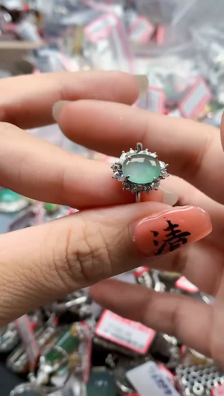 银S925镶嵌戒指翡翠天然A货缅甸翡翠