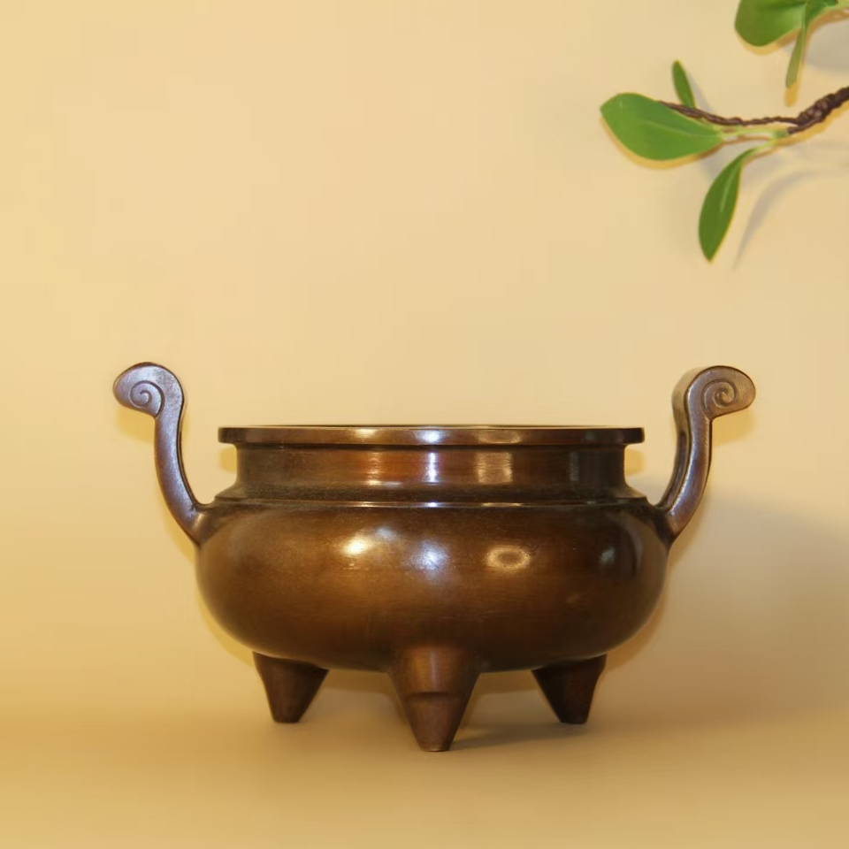 官帽耳光面香炉双耳炉新款供奉香炉纯铜熏香炉桌面摆件