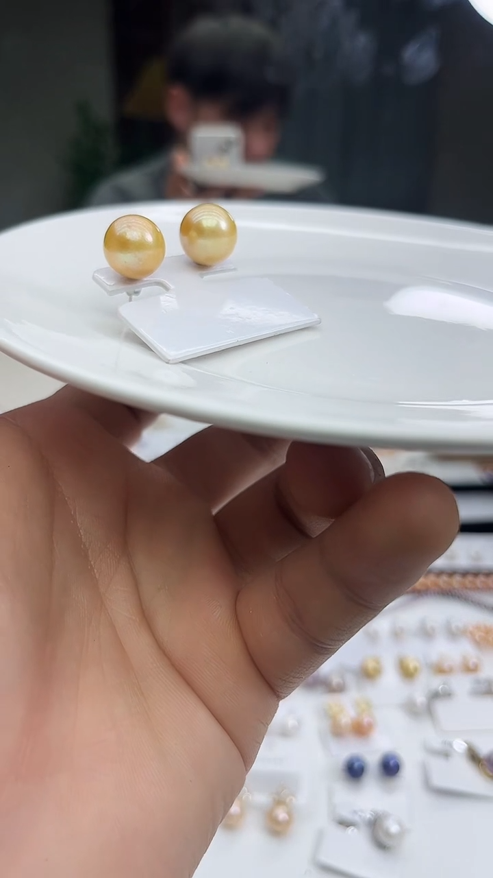 未镶嵌耳饰淡水珍珠黄色系12mm素钉