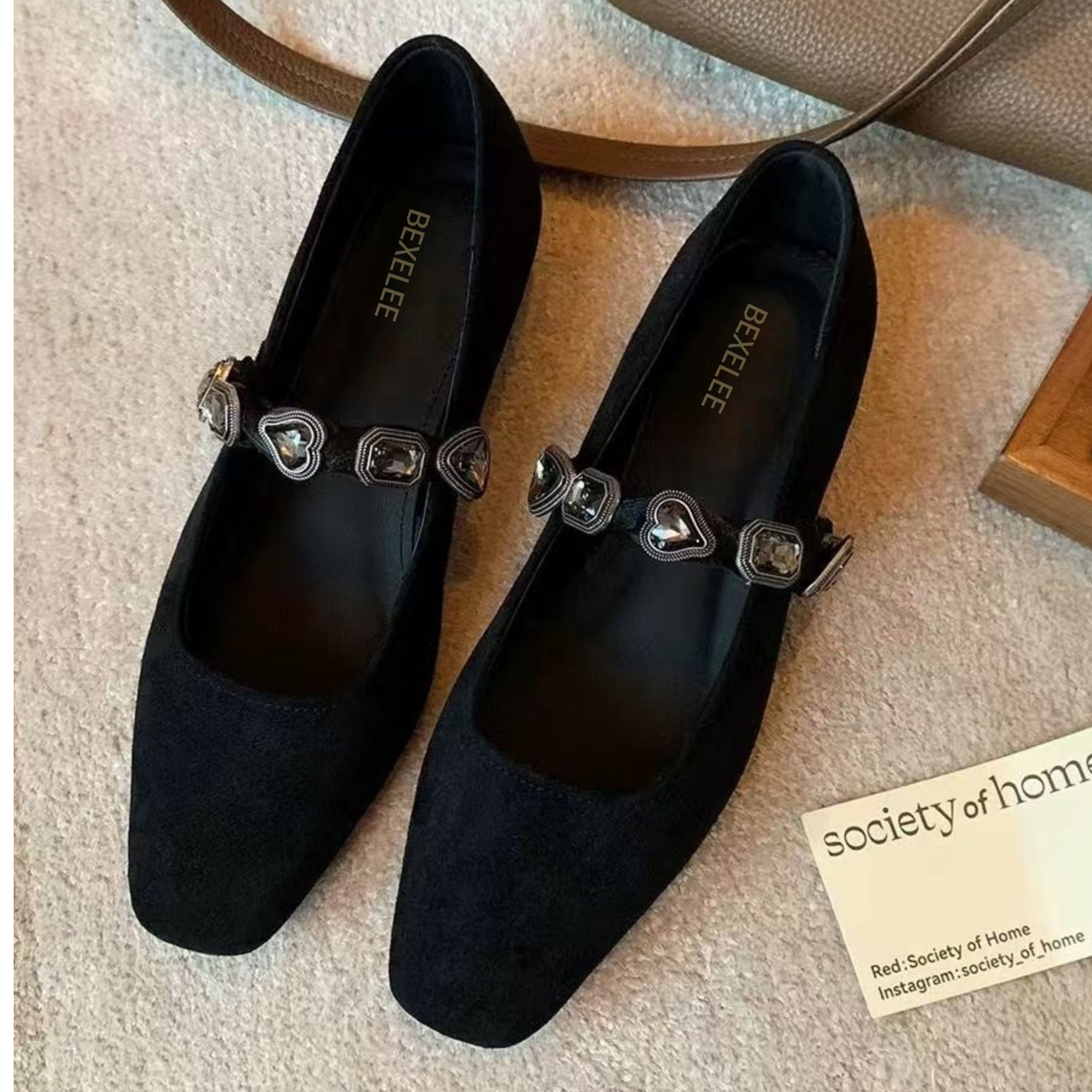 法式气质小方头爱心豹纹韩系钻带浅口玛丽珍单鞋女绒面低跟平底鞋