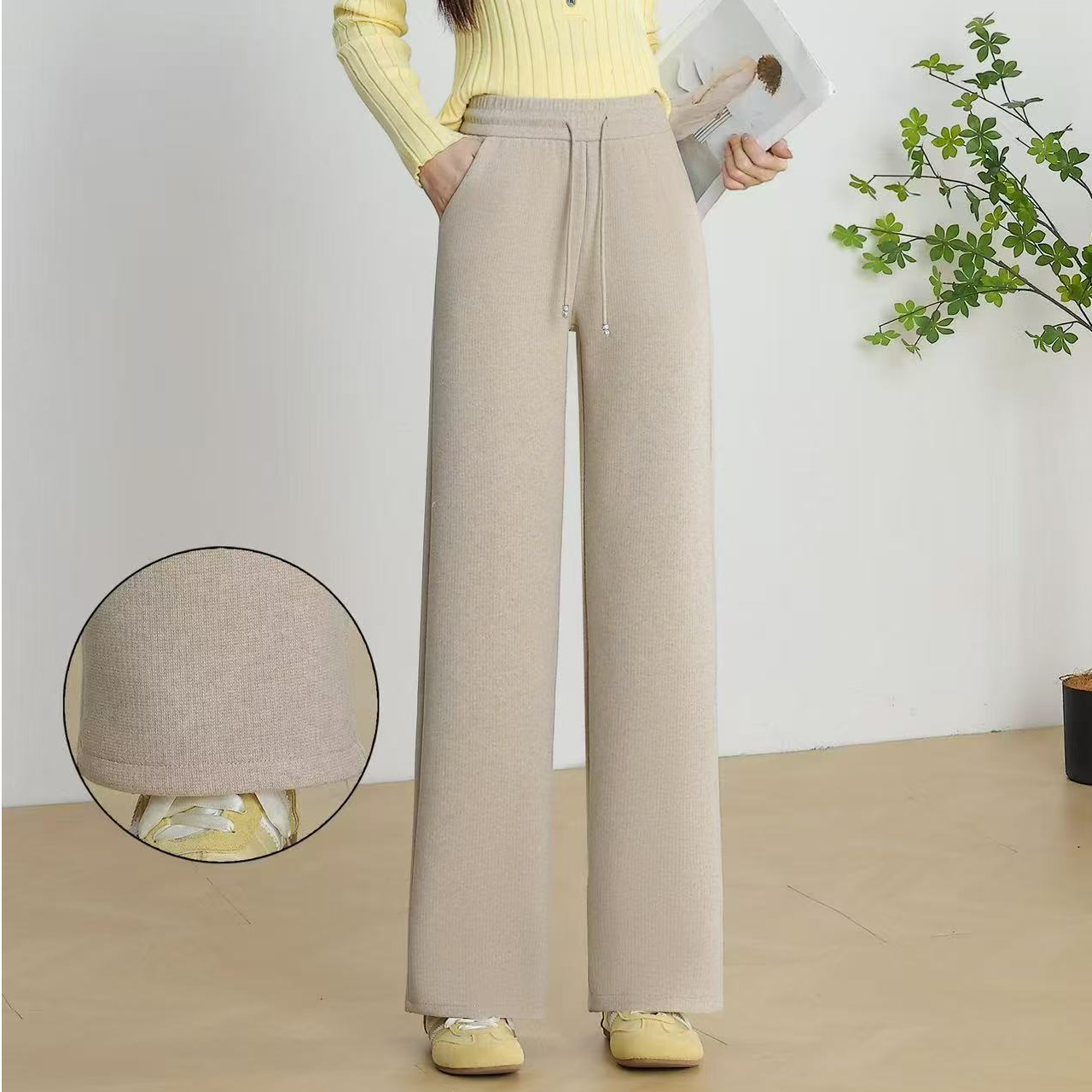 小个子窄版直筒裤冬季加绒加厚中高腰时尚百搭阔腿裤显瘦