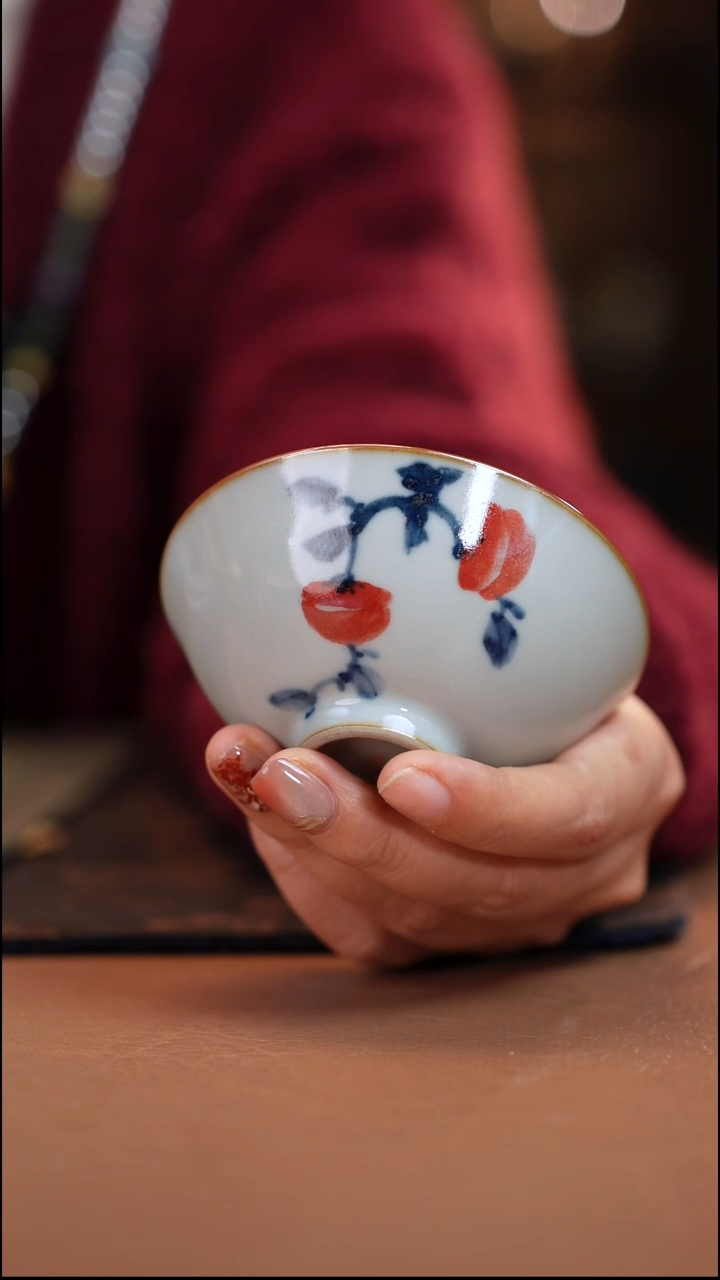 福利价 气窑 月影白柿子鸡心杯 惜缘底款