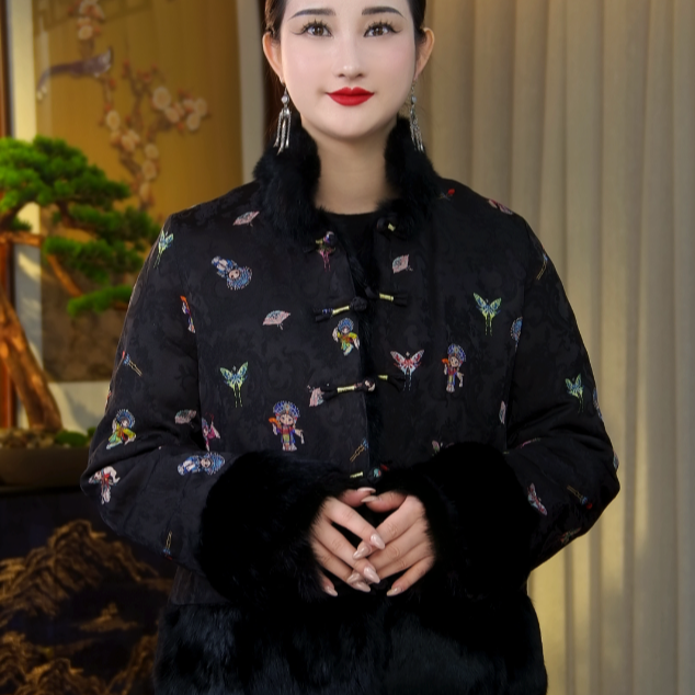 [WYZAKING]【青山沅黛】新中式国风双面双穿短款拼兔毛保暖外套