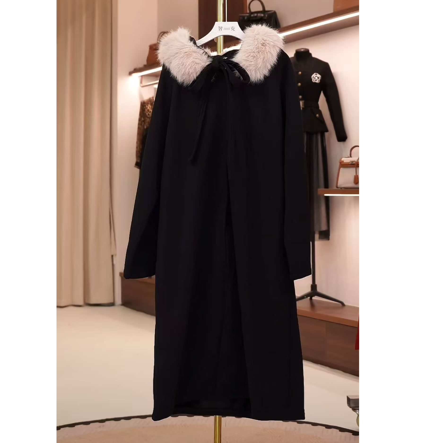 kk040中国风双面新潮风中长款保暖连帽女百搭毛呢外套