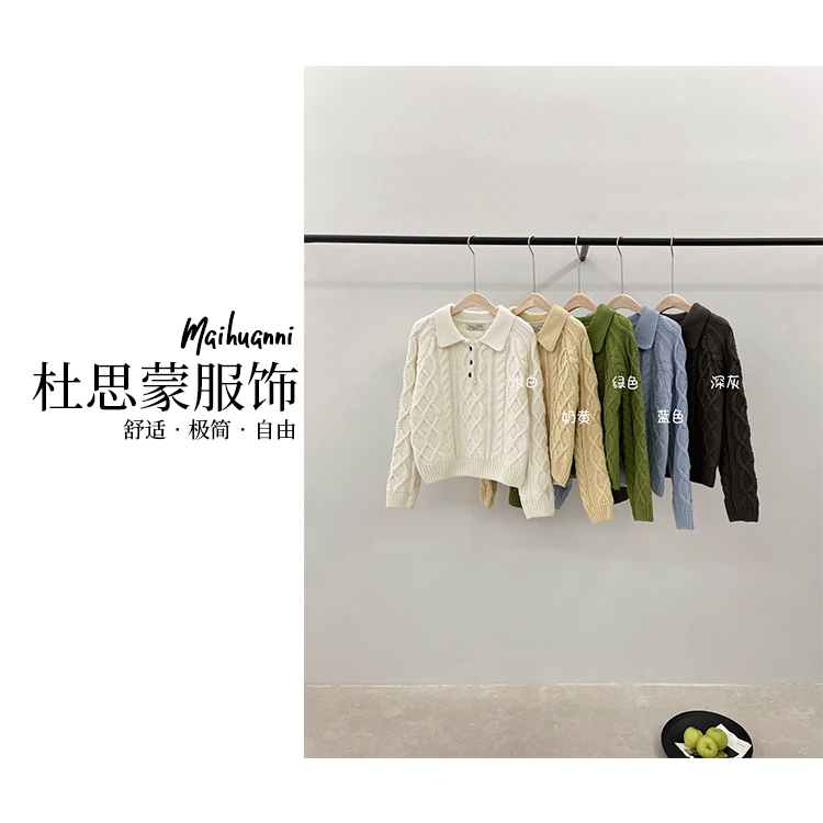 (杜思蒙服饰) 【宝藏衣橱】韩系百搭翻领扳纽扣麻花套头毛衣-61002