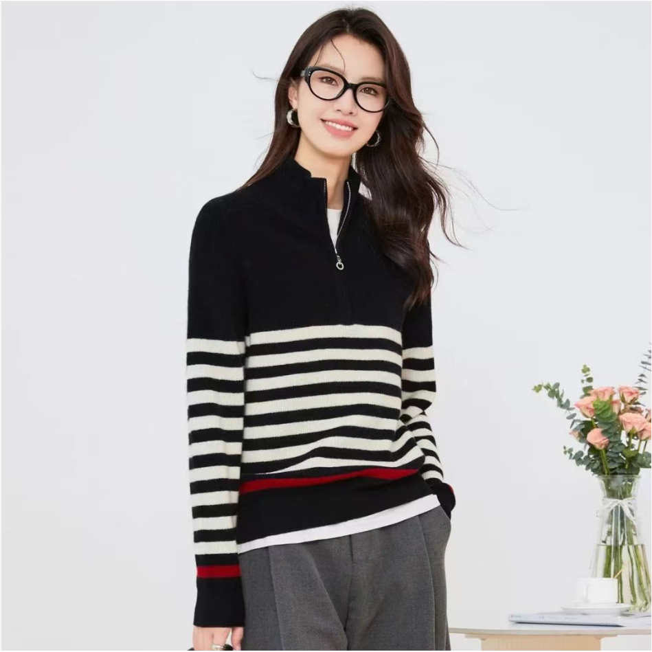 100%绵羊毛撞色条纹半拉链长袖女式羊毛衫25DAK1612