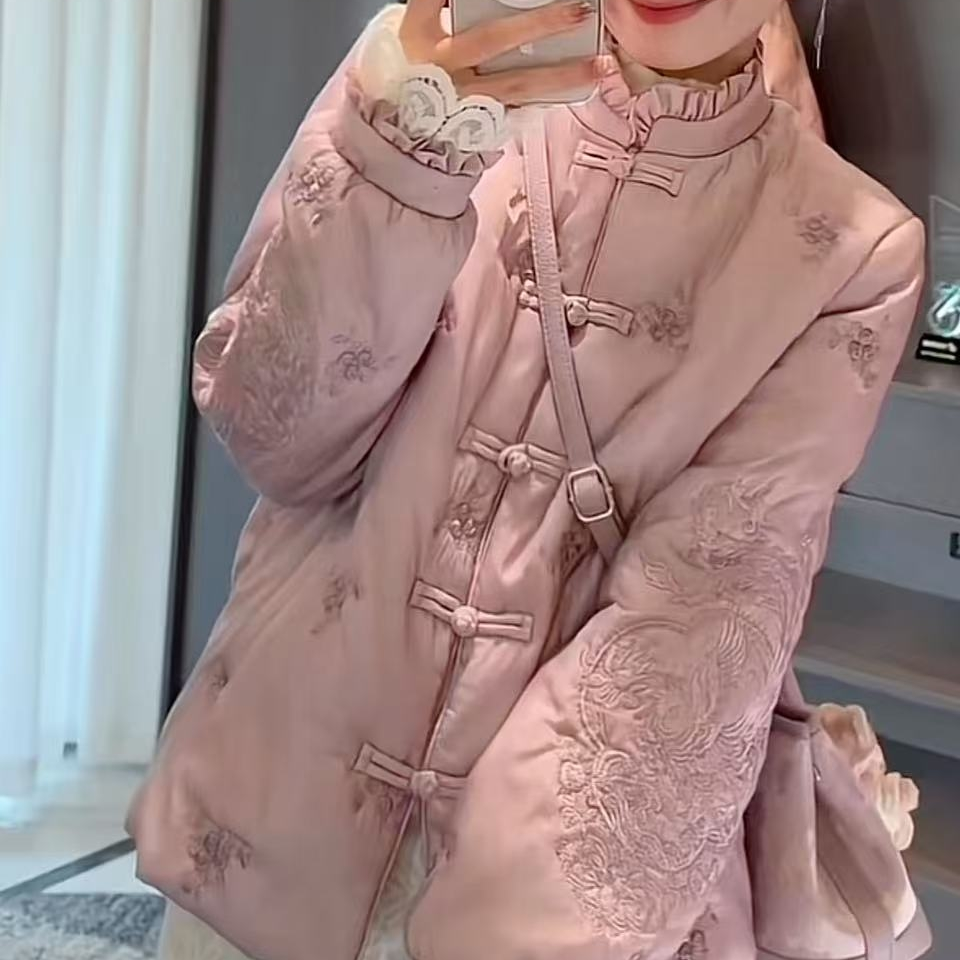 凤舞九天～新中式夹棉上衣洋气百搭立领荷叶边刺绣复古宽松棉服627