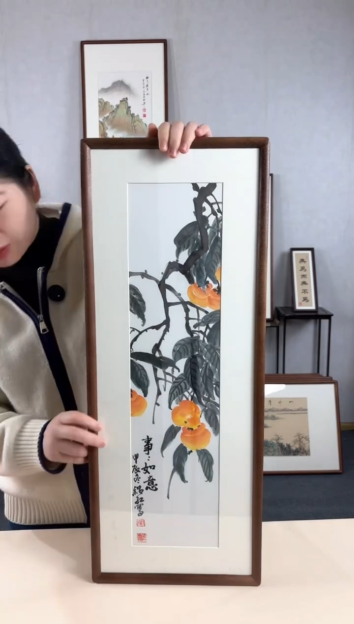 【闪购商品】国画手绘*柿柿如意*28*72cm实木框