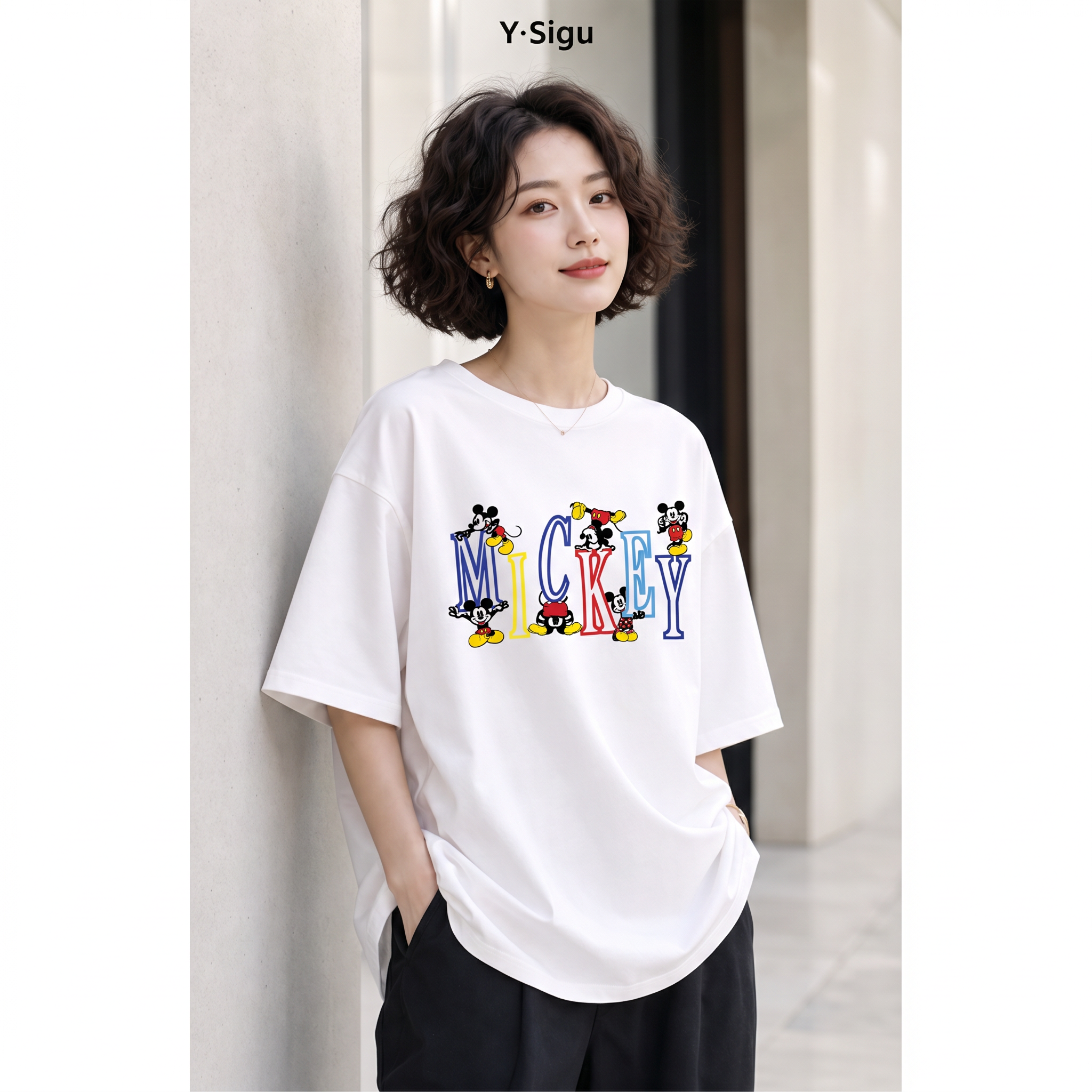 Y·Sigu【欢乐米奇】设计师休闲宽松百搭短袖 T恤样衣衣服女