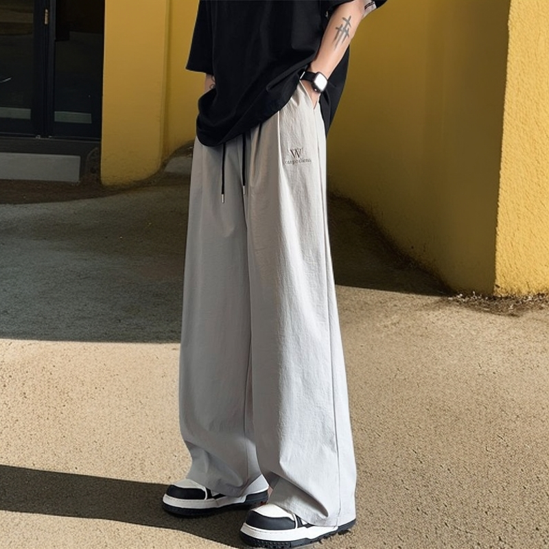 夏季薄款刺绣速干裤子男生宽松直筒阔腿裤青少年垂感休闲冰丝长裤