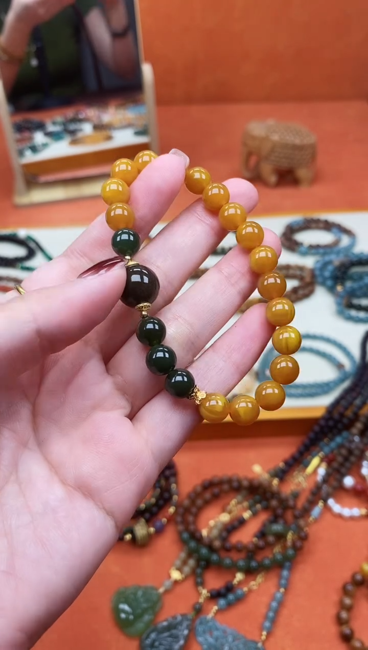 手链蜜蜡未镶嵌单圈蜜蜡和田菠菜绿且末糖手串