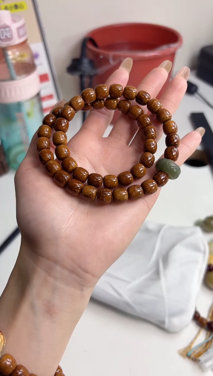 手串菩提根/象牙果库克桶珠9*9mm双圈手串+和田跑环