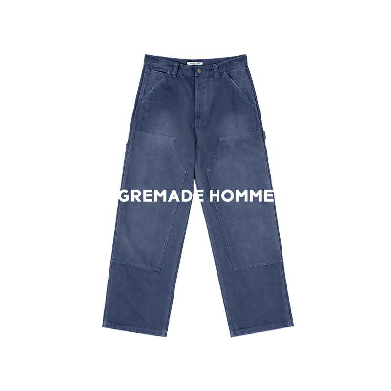 GREMADE DOUBLE KNEE法工蓝灰白落色直筒低腰宽松工装伐木裤