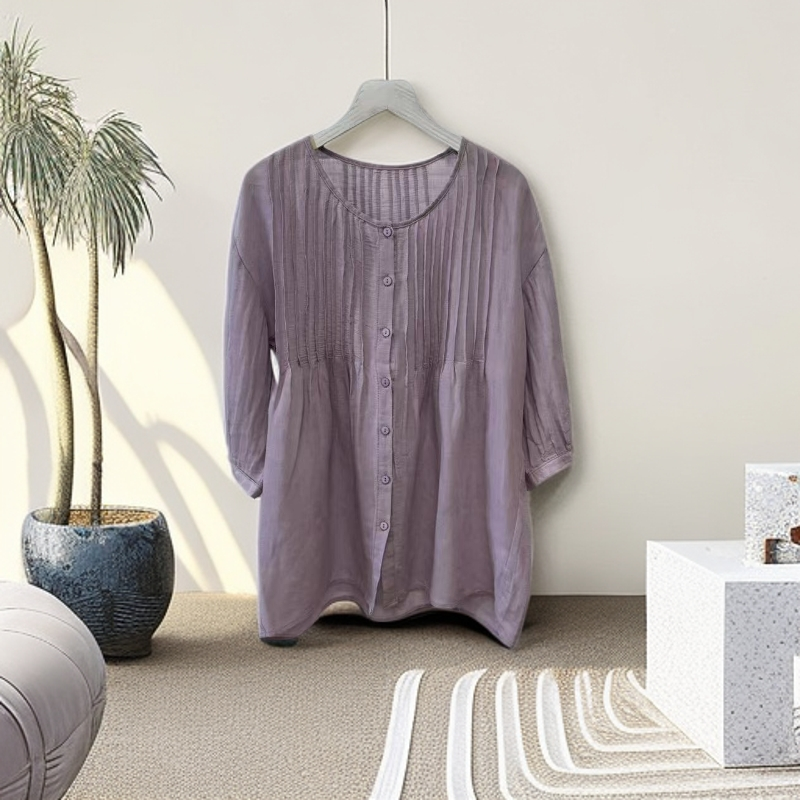 复古纯色风琴褶棉麻衬衫夏季轻薄透气圆领百搭棉麻小衫25071545
