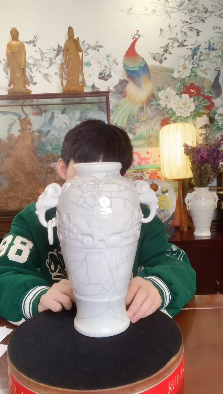 摆件德化白瓷   双耳兽首瓶  高30cm  赖双安老师