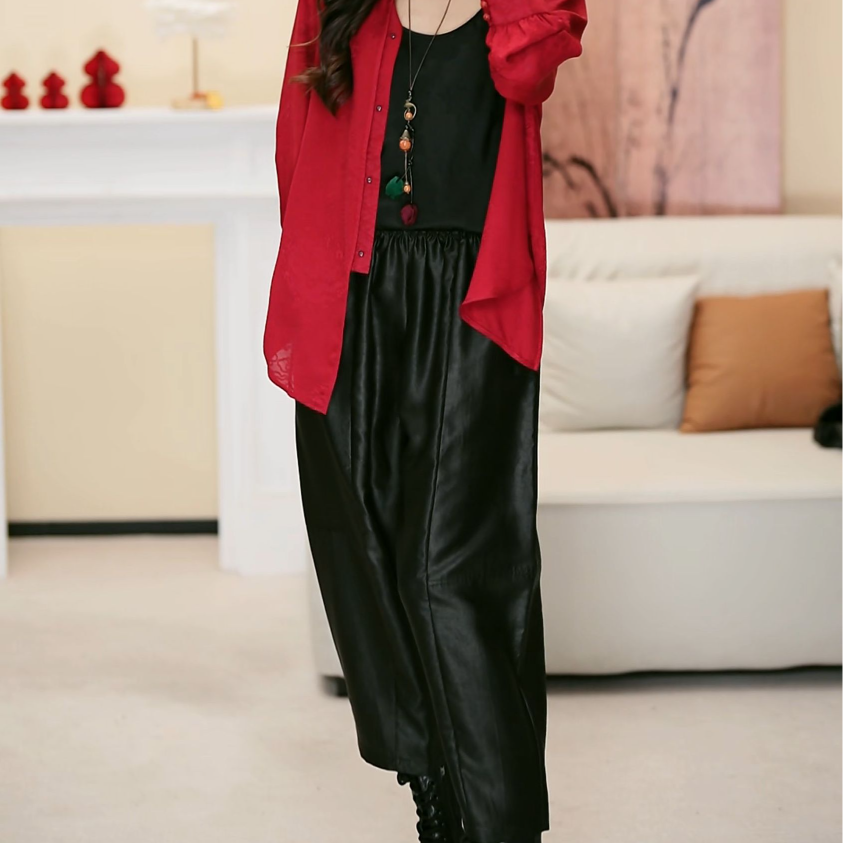 【墨雨云间】YS2008休闲百搭黑色复古国风阔腿松紧腰裤子