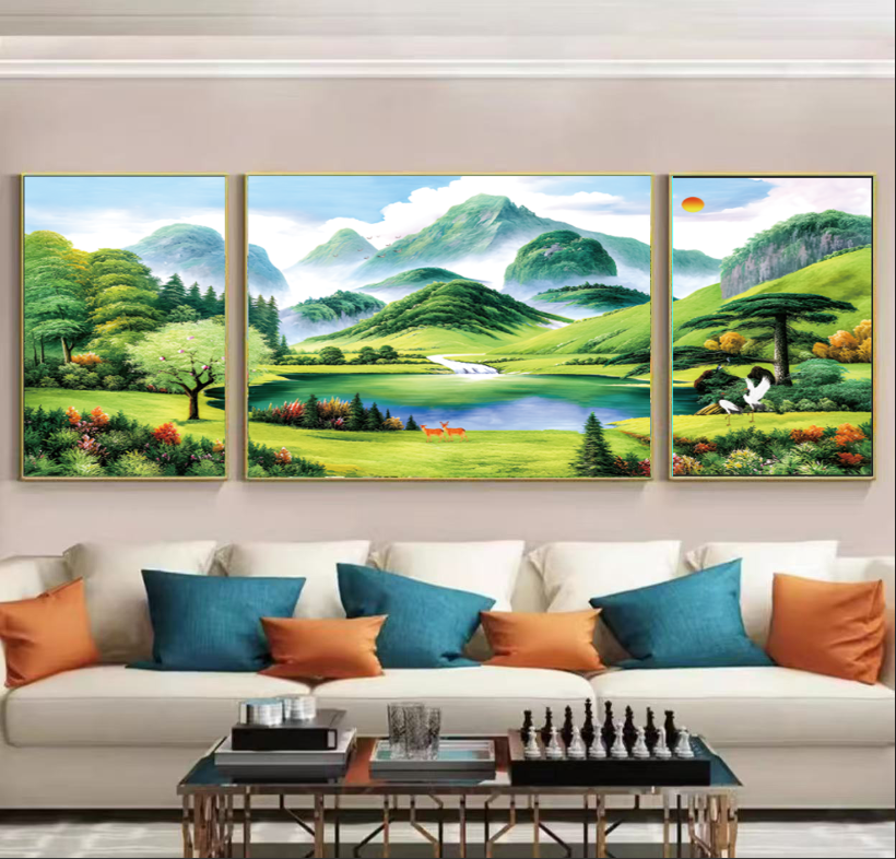 三联画现代轻奢高档现代装饰沙发背景墙青山绿水带框挂画装饰画
