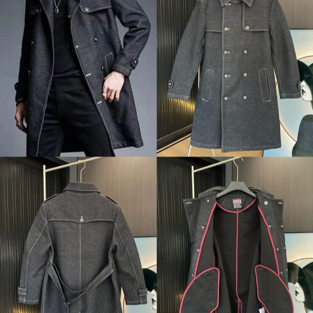 21092-男士英伦风明线中长款纯色双排扣翻领风衣外套