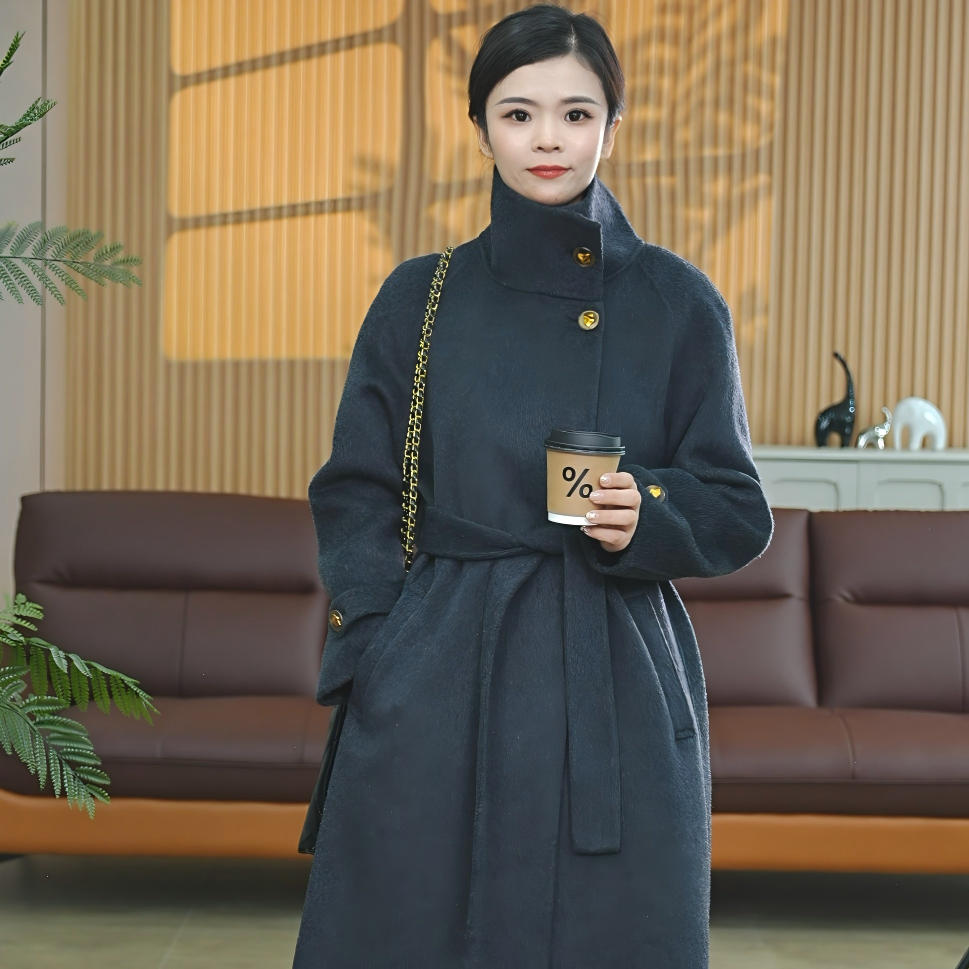 冬季翻领纯色插肩袖法式毛呢外套秋冬呢子女装呢大衣