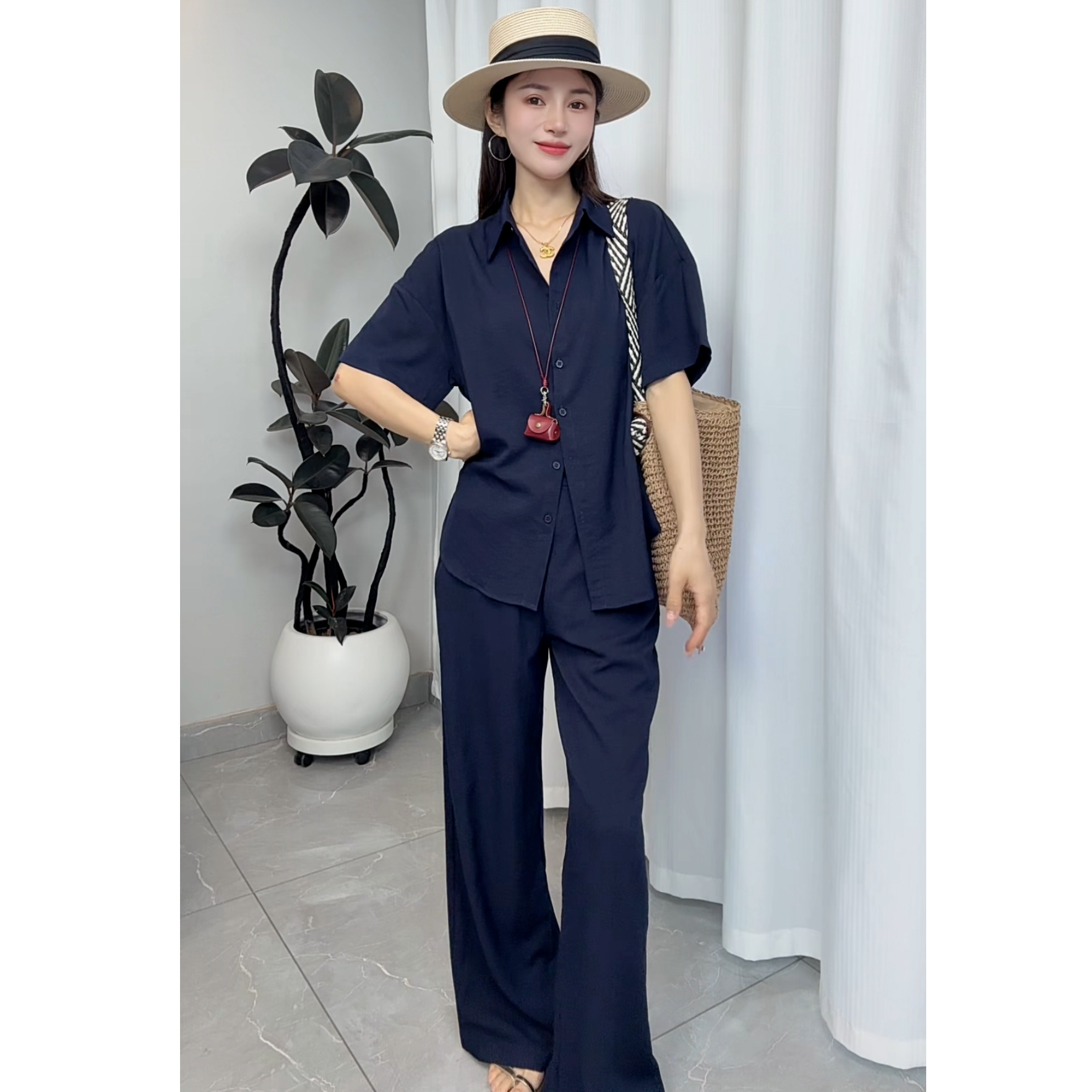 【柠檬专属】老钱风套装女藏蓝宽松显瘦短袖衬衫休闲阔腿裤两件套Q