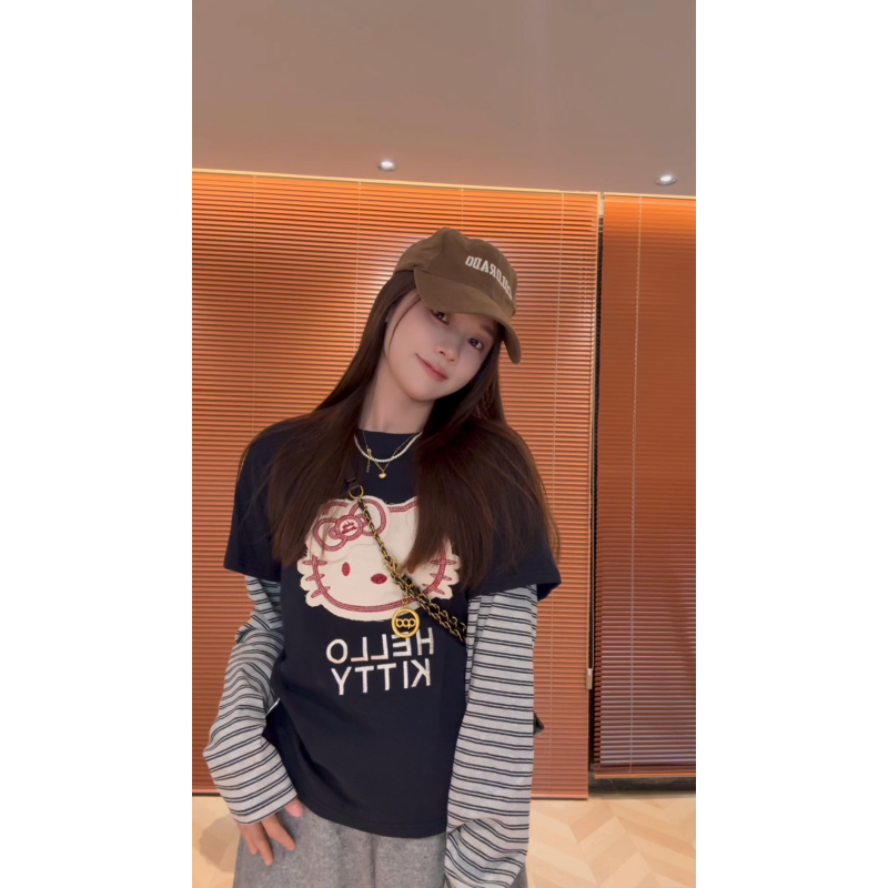 TIAO~ 拼接条纹长袖 冬季时尚百搭可爱贴布猫咪舒适打底T恤女