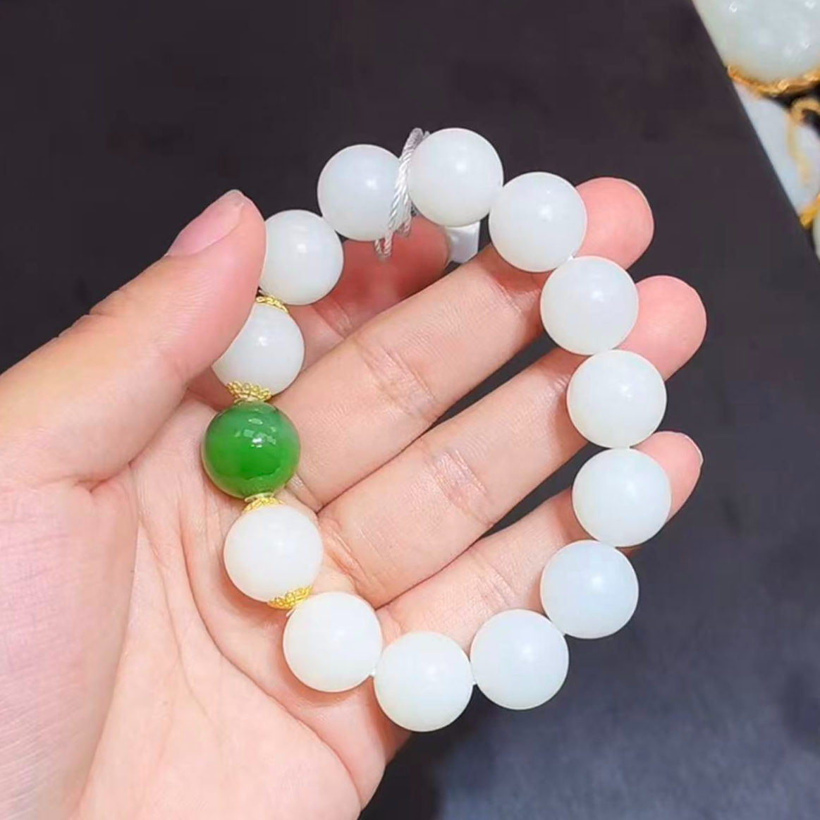 【双十二专属】Z18k金和田玉白玉手串丨天然玉石丨多样性发一14MM 