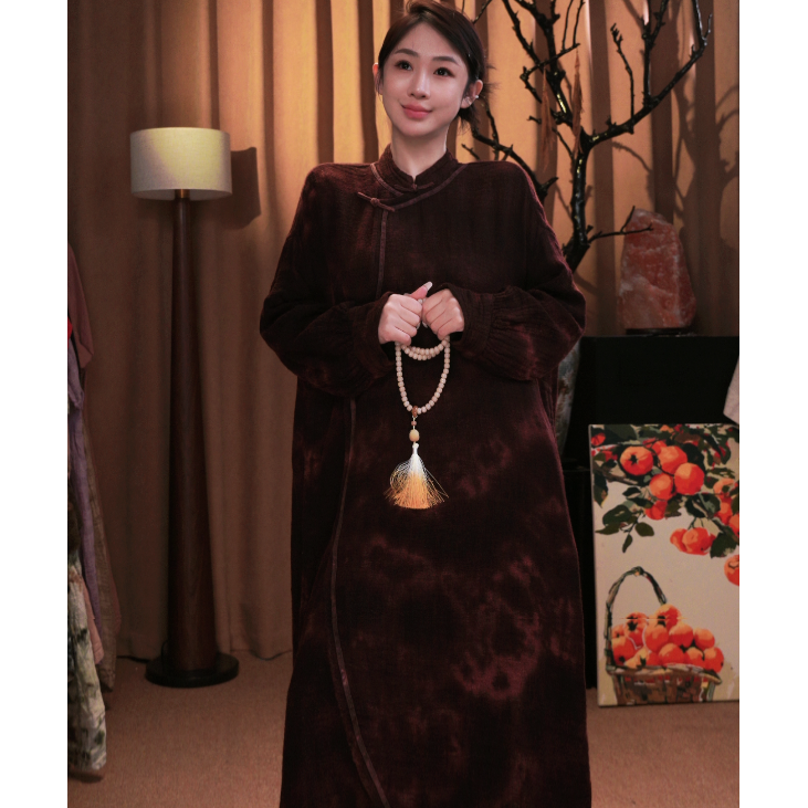 壹木亚麻晕染扎染国风立领袍子文艺