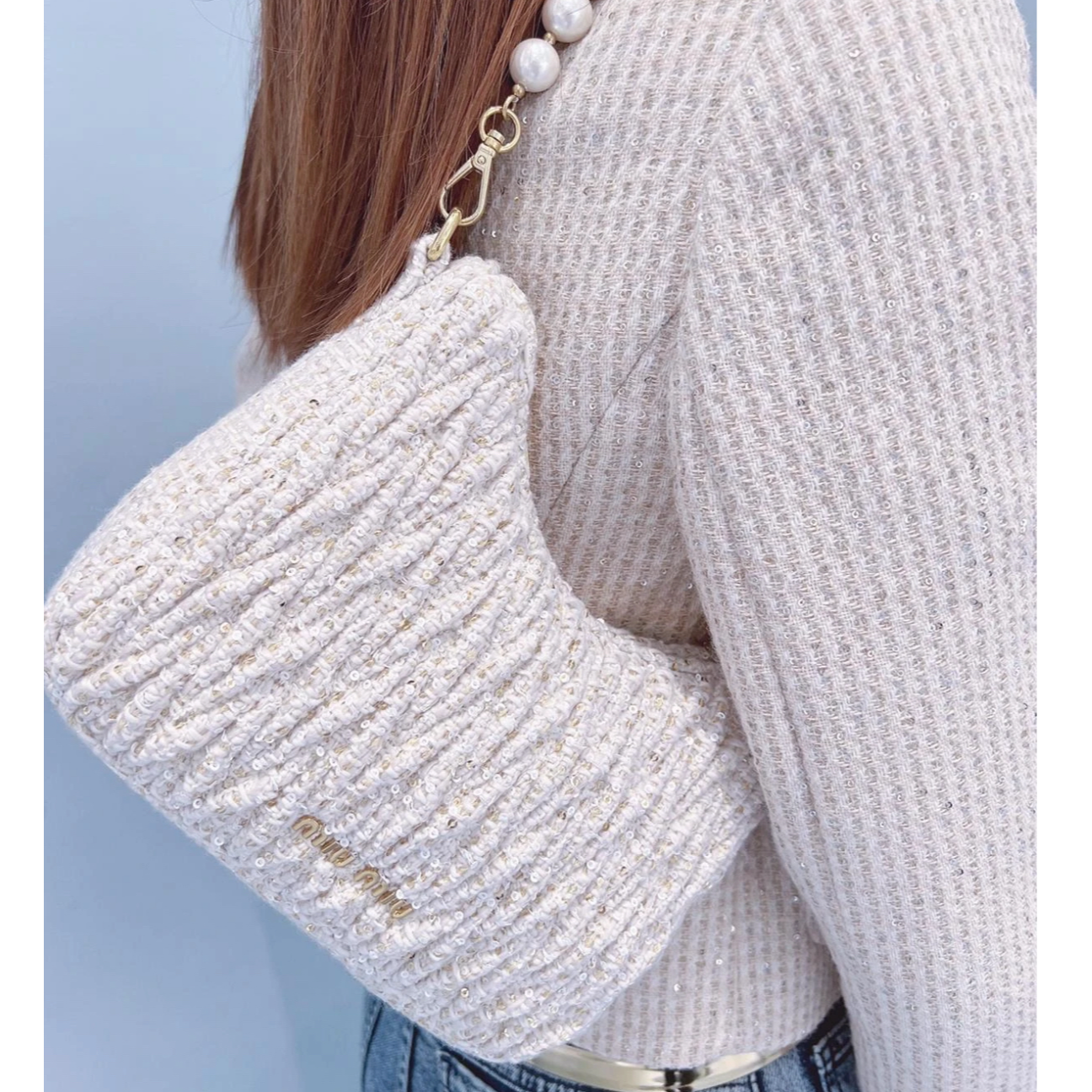 95新 MIU MIU/缪缪 小花Jerry 米色 粗花呢 珍珠链条包