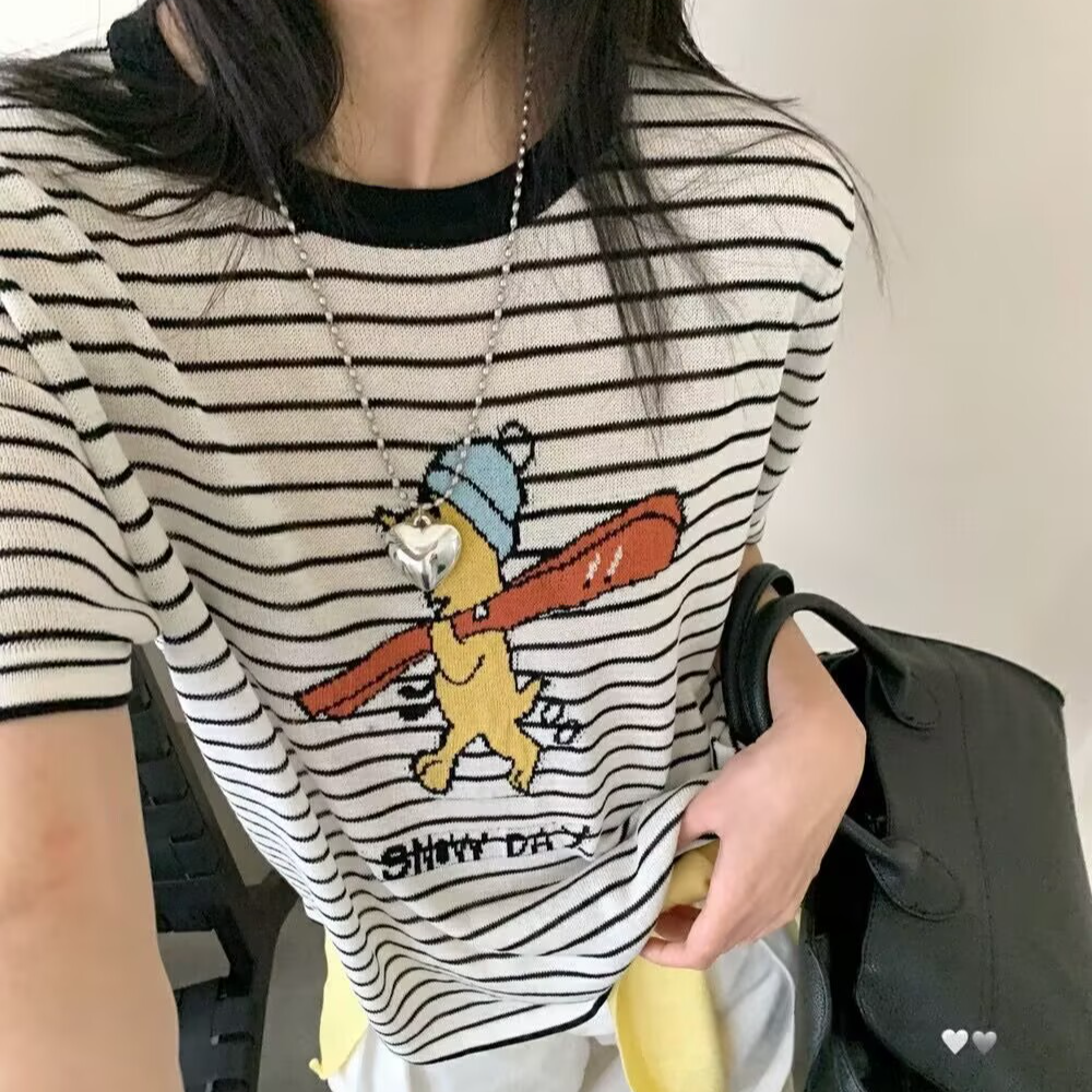 T2378 有趣的小黄狗 撞色领条纹短袖圆领夏季薄上衣