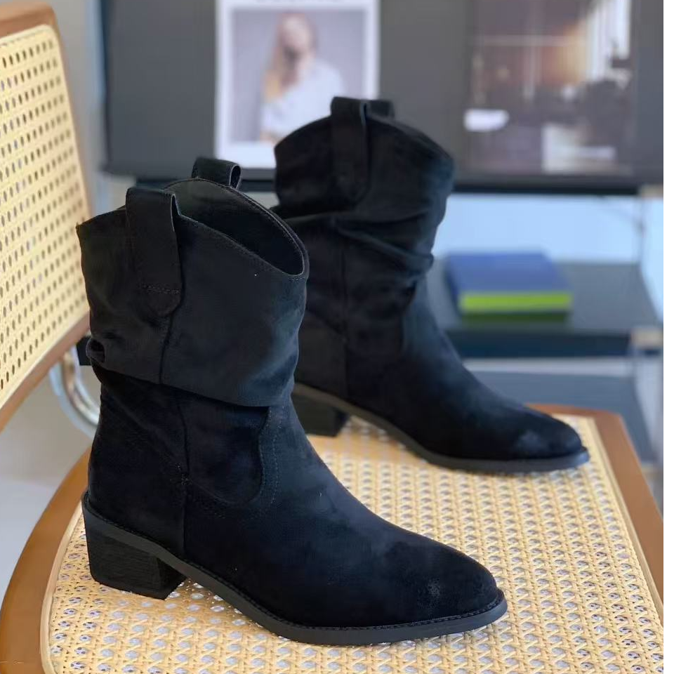 W717-12小众复古堆堆靴女新款西部牛仔靴中筒靴马丁靴瘦瘦靴 薄绒