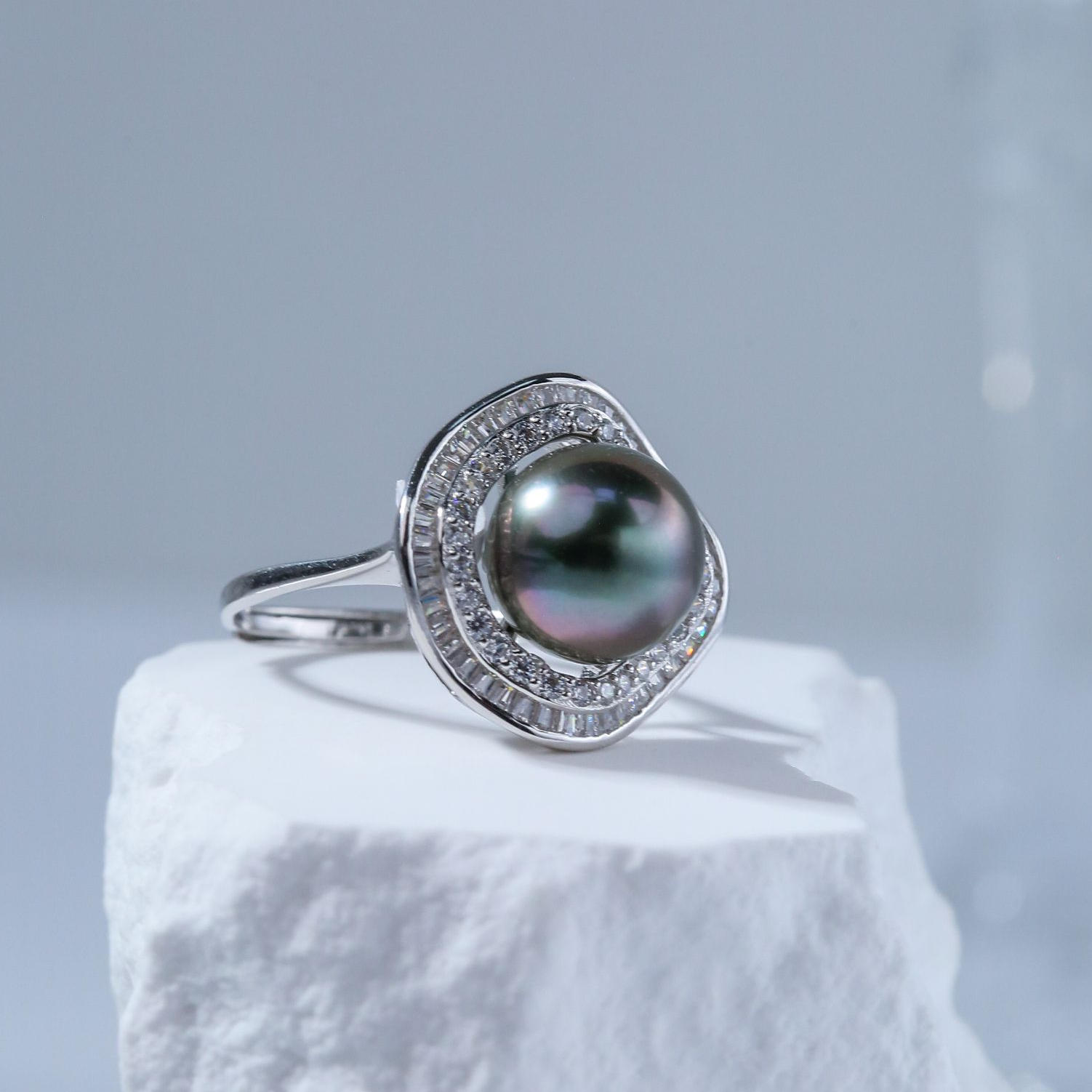 DOHX/都熙S925银【霜华】大溪地黑珍珠 方形弧形戒指10-11mm