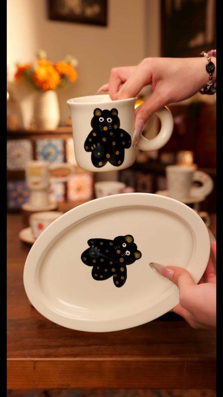 陶瓷便携款波点小黑猫杯碟一套 