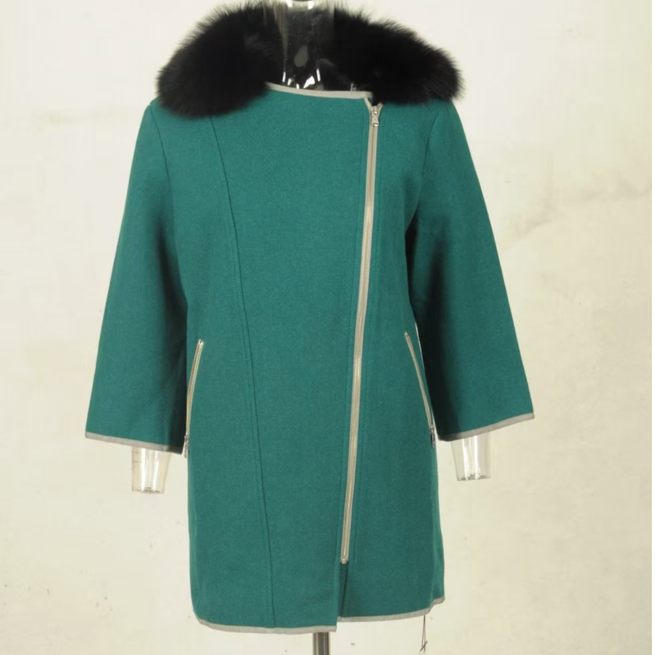 不支持退换/秋冬毛呢绿色外套直下摆服装长袖400474