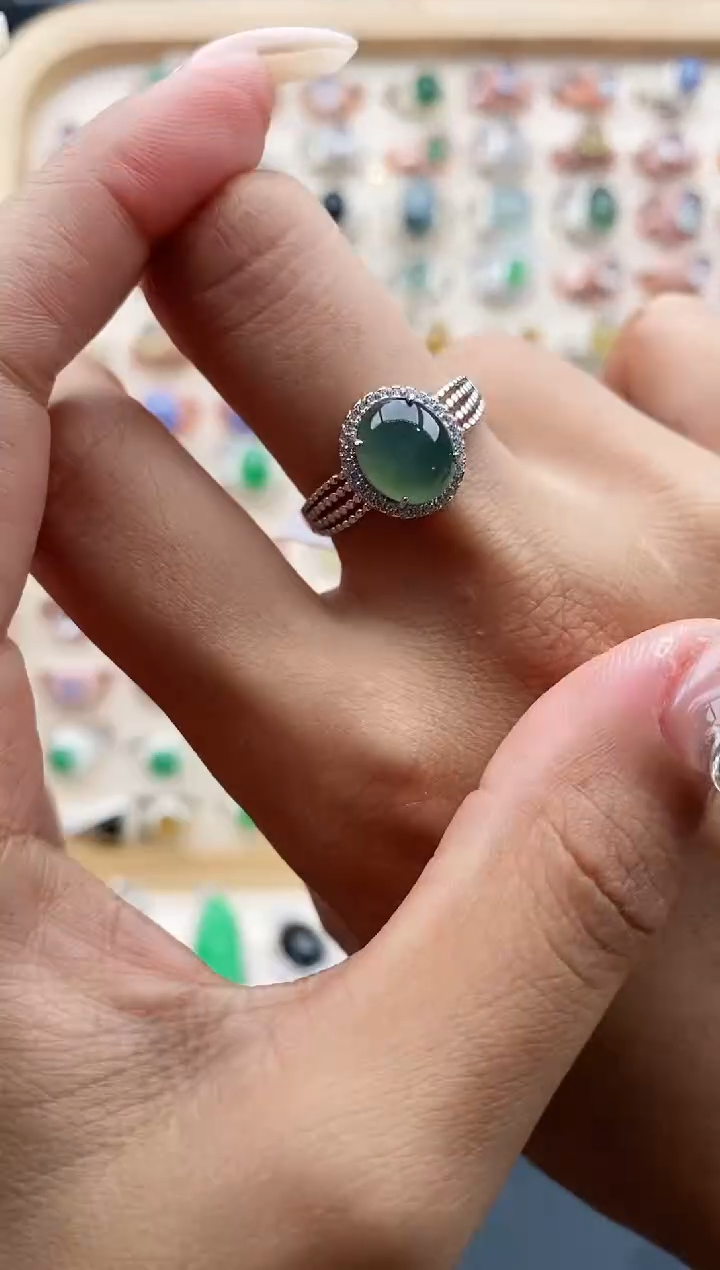 【闪购商品】翡翠戒指银S925镶嵌缅甸天然A货翡翠222  5+1